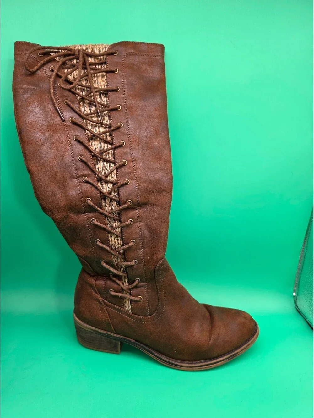 Apt. 9 Women's Tall Lace-Up Boots Brown Knit Back Side Zip Size 7.5M